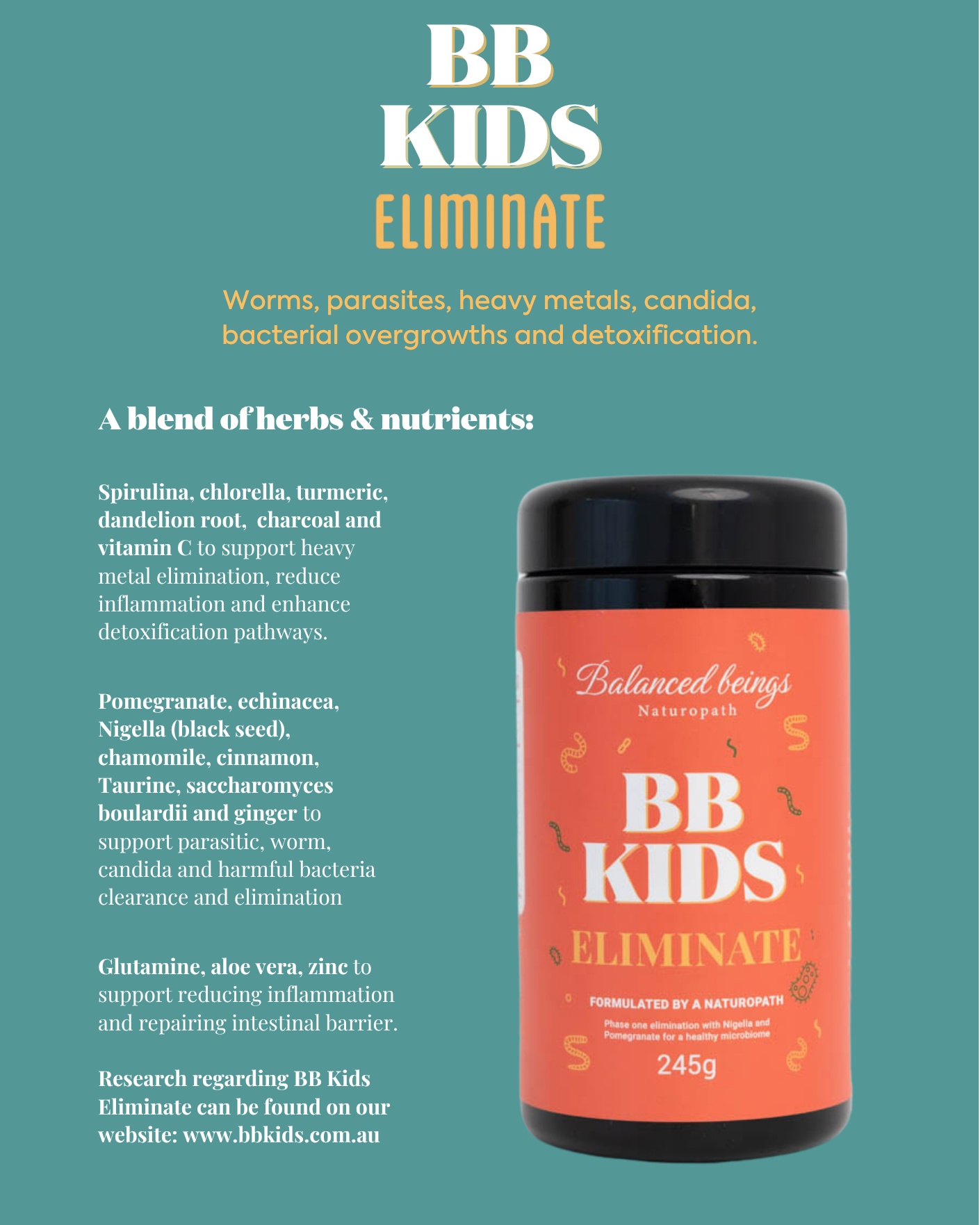 BB Kids Eliminate supplement jar on a teal promotional background with product details, ingredients, and branding text. The jar has a black lid and a coral-orange label with white and yellow text.