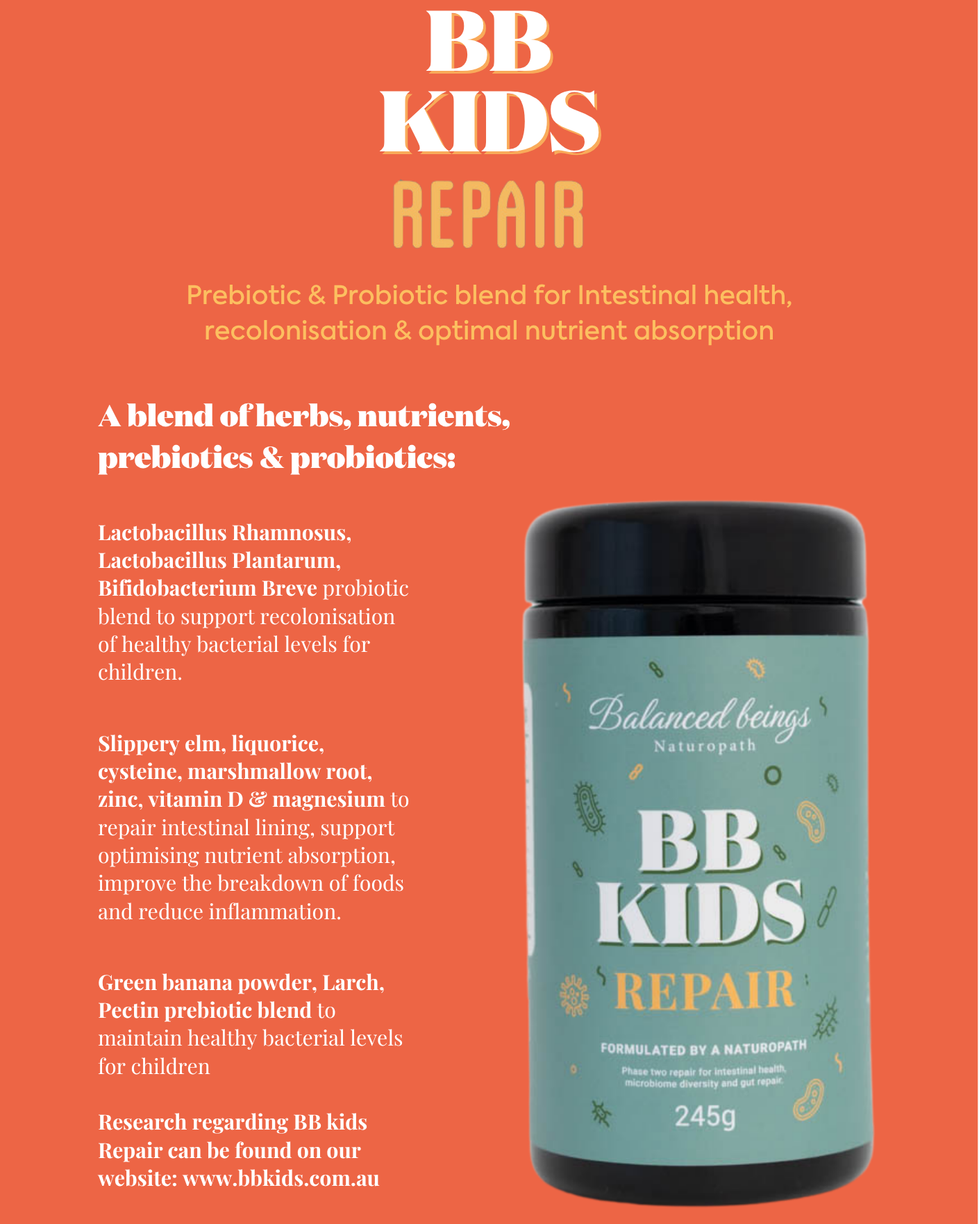 A bottle of BB Kids Repair prebiotic & probiotic blend by Balanced Beings, set against a solid orange background with descriptive text.