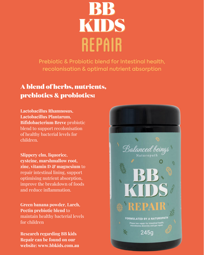 A bottle of BB Kids Repair prebiotic & probiotic blend by Balanced Beings, set against a solid orange background with descriptive text.