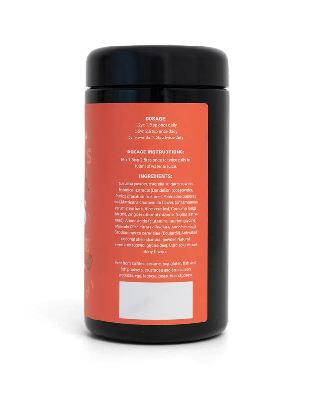 Black container with an orange label on a white background