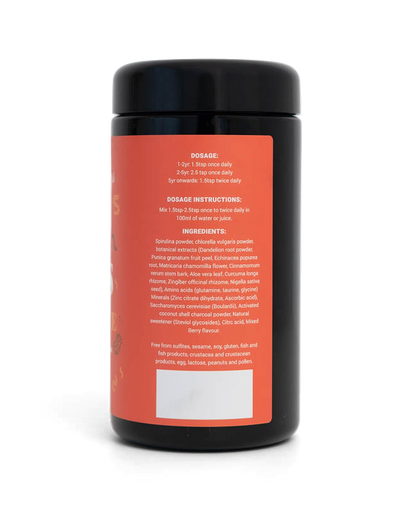 Black container with an orange label on a white background
