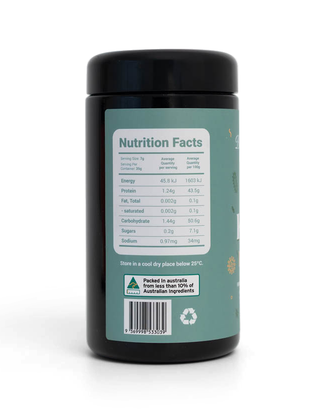 Black container with a green label on a white background