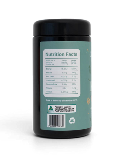Black container with a green label on a white background
