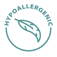 A teal circular graphic with the word 'HYPOALLERGENIC' arched over a simple leaf icon on a white background.