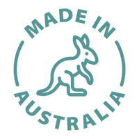 A circular teal graphic on a white background with the words “MADE IN AUSTRALIA” and a simple kangaroo outline in the center.