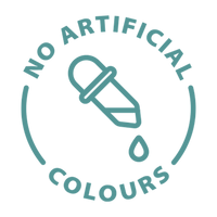 A circular teal graphic on a white background with the text 'NO ARTIFICIAL COLOURS' surrounding a simple dropper icon.